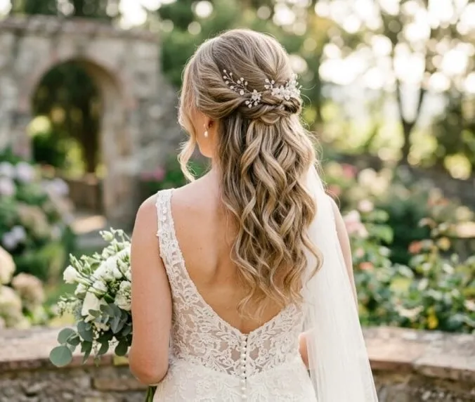 Sposa di spalle in giardino con semiraccolto e onde lunghe